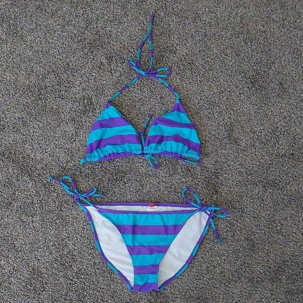 Vintage Y2K OP Blue & Purple Striped Bikini L 11-13 Adjustable Tie Beach